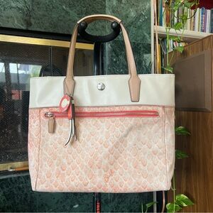 Coach Resort Coral Pink Snake Print Tote Canvas Leather Bag 27783-Fair Condition